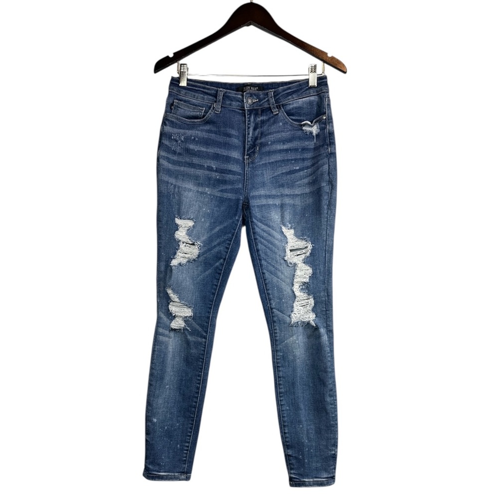 Judy Blue Mid Rise Flattering Fit Destroyed Bleach Splatter Skinny Jeans Size 9 - Picture 2 of 10